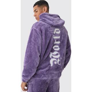 Mens Purple Oversized Worldwide Large Applique Teddy Borg Hoodie