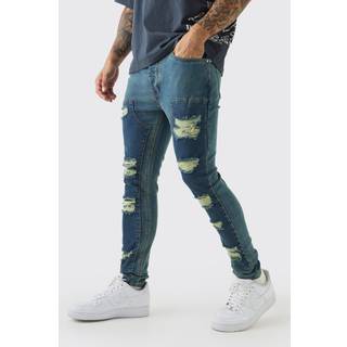Mens Petrol Super Skinny Stretch Carpenter Rip & Repair Denim Jeans