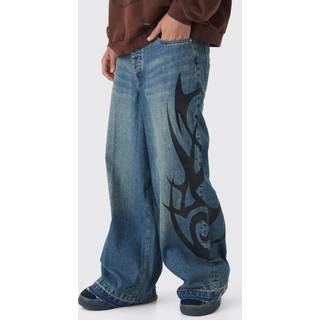 Mens Antique Blue Extreme Baggy Rigid Flame Denim Jeans
