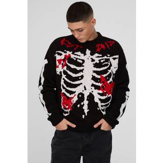 Mens Black Oversized Boxy Official Skeleton Boucle Knitted Jumper