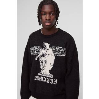 Mens Black Oversized Boxy Brushed Gothic Graphic Knitted Jumper