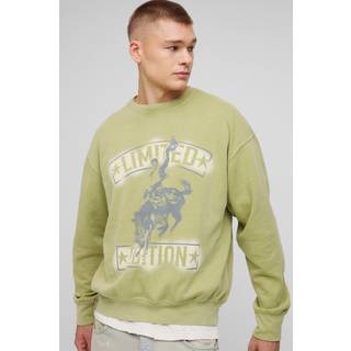 Mens Olive Oversized Limited Western Graphic Washed Sweatshirt