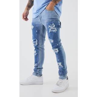 Mens Light Blue Skinny Stretch Stacked Carpenter Rip & Repair Denim Jeans