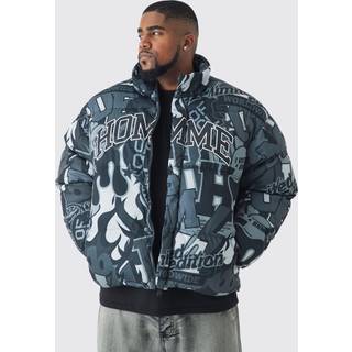 Mens Plus Printed Funnel Neck Mesh Puffer Jacket In Black