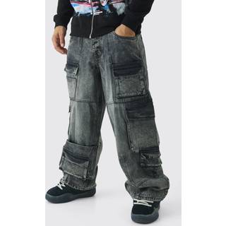 Mens Washed Black Baggy Fit Acid Wash Denim Cargo Jeans