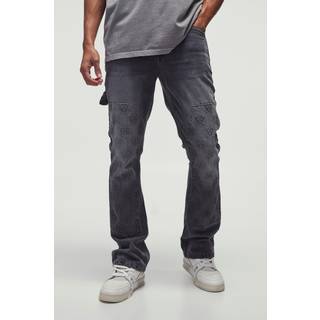 Mens Grey Slim Flared Carpenter Cross Embroidered Jeans