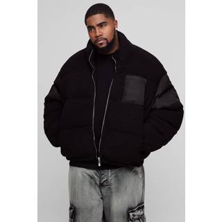 Mens Plus Borg & Nylon Funnel Neck Puffer Jacket In Black