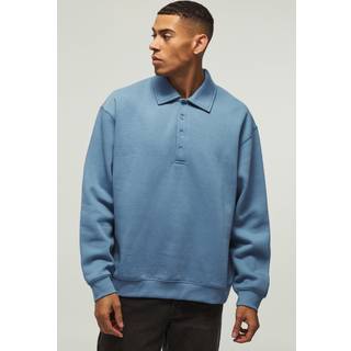 Mens Blue Oversized Heavyweight Long Sleeve Sweatshirt Polo