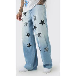 Mens Antique Blue Tall Star Applique Baggy Fit Jeans