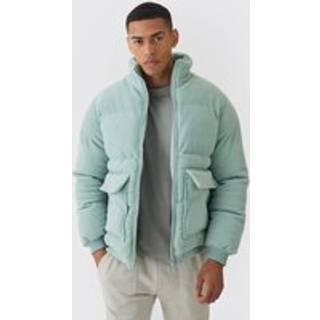 Mens Fleece Funnel Neck Puffer Coat In Sage