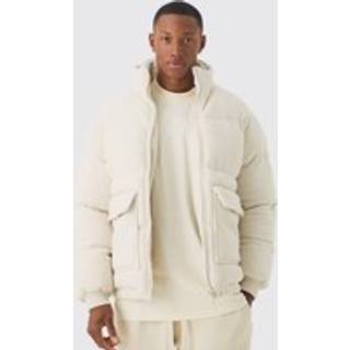 Mens Fleece Funnel Neck Puffer Coat In Ecru