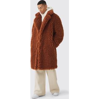 Mens Oversized Longline Borg Overcoat In Brown