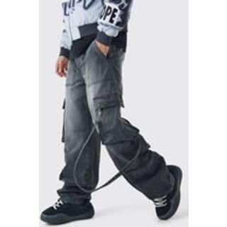 Mens Mid Grey Baggy Rigid Cargo Strap Denim Jeans