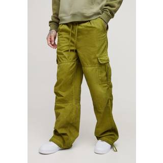Mens Khaki Tall Elasticated Waist Oil Wash Baggy Fit Cargo Trousers