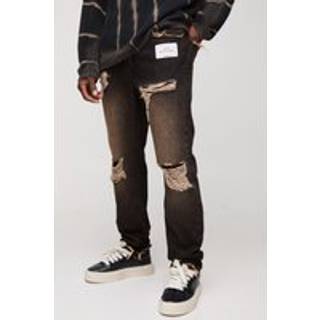 Mens Brown Slim Rigid Rip & Repair Woven Tab Denim Jeans