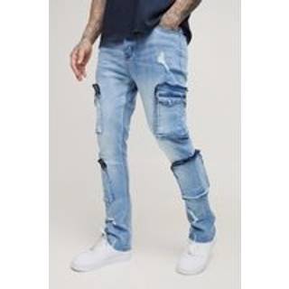 Mens Mid Wash Tall Raw Seam Detail Stretch Skinny Ripped Cargo Flared Jeans
