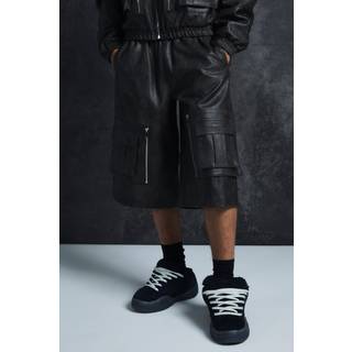 Mens Trippie Redd Relaxed Longline Washed Pu Cargo Jorts In Black