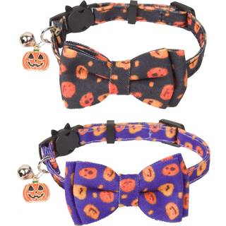 AdoggyGo Halloween Cat Collar Breakaway med Bowtie Bell - 2 Pack Kitten Collar Pumpkin Cat Collars med aftagelig Bowtie Cat Bow Tie Collar for Ca