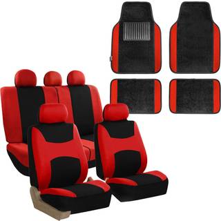 FH Group Light & Breezy Cloth Sake Full Car Seat Covers (Airbag & Split Ready) med t?ppegulvm?tte- Universal Car Truck SUV eller VAN (RED/SVART)