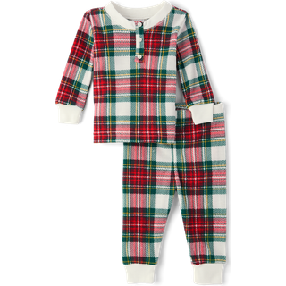 B?rnenes sted Baby Toddler 2 Stykke Familie Matchende termiske pyjamas s?tter Red Tartan Plaid