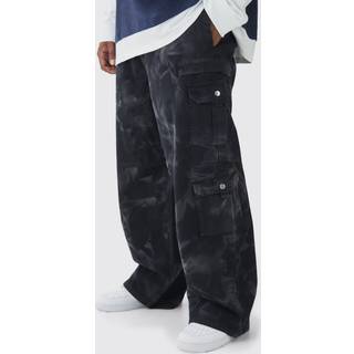 Mens Black Plus Acid Wash Relaxed Fit Cargo Trousers