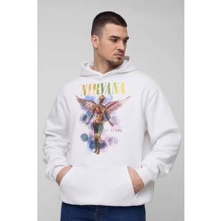 Mens White Tall Oversized Nirvana License Print Hoodie