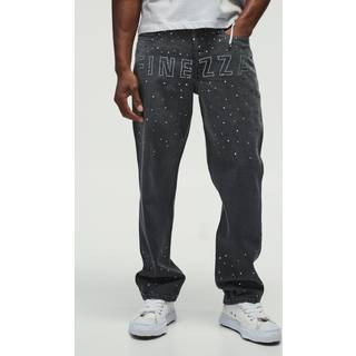 Mens Mid Grey Rhinestone Studded Slogan Straight Fit Jeans