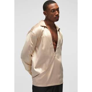 Mens Taupe Oversized Deep V Satin Shirt