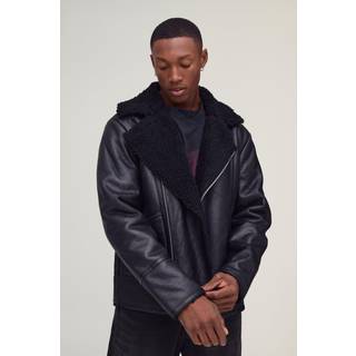 Mens PU Borg Collar Aviator Jacket In Black
