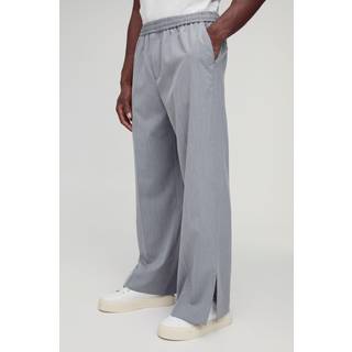 Mens Grey Elasticated Waist Split Hem Wide Leg Tailored Trousers