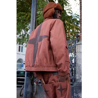 Mens Brown Oversized Boxy Denim Star Applique Bomber Jacket