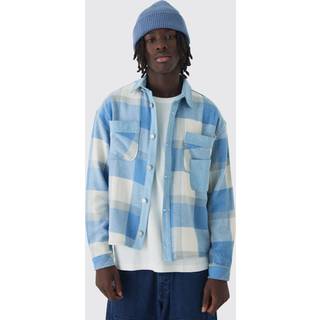 Mens Light Blue Oversized Denim Checked Quilted Overshirt