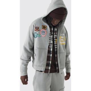 Mens Charcoal Oversized Applique Distressed Zip Through Brushback Hoodie