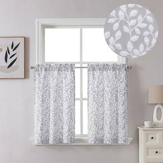 Chyhomenyc Anna White Gray Gardiner 36 tommer Længde 2 Paneler Lysfiltrering Soft Airy 3D Præget struktureret stof Bladmønster Kort gardiner til