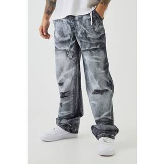 Mens Washed Black Relaxed Rigid Dirty Wash Ripped Carpenter Denim Jeans