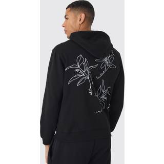 Mens Black Regular Fit Line Drawn Floral Embroidered Graphic Zip Through Hoodie