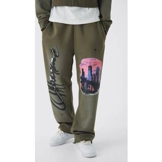 Mens Khaki Relaxed Fit Flare Graphic Distressed Brushback Joggers