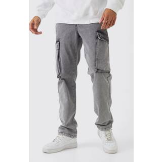 Mens Grey Straight Heavyweight Twill Acid Washed Cargo Trousers