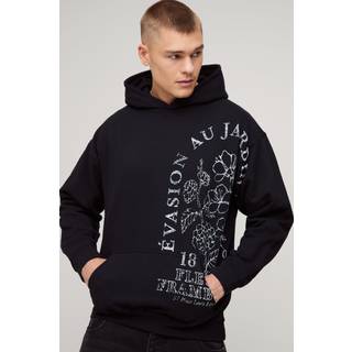 Mens Black Regular Fit Floral Graphic Over Seams Hoodie