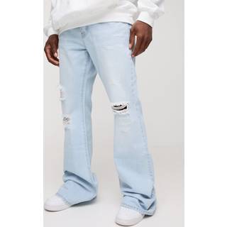 Mens Light Blue Relaxed Rigid Flare Stacked Knee Rip Denim Jeans