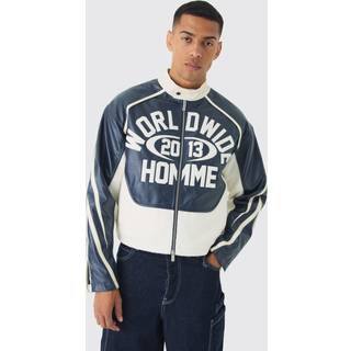 Mens Boxy Worldwide Boucle Panel PU Moto Jacket In Navy