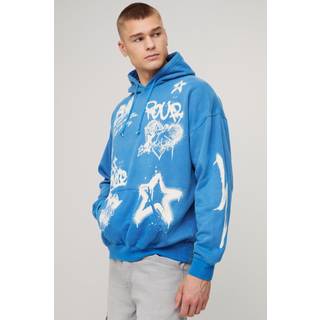 Mens Cobalt Regular Fit Washed Graffiti Graphic Hoodie