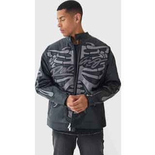 Mens Oversized Ribcage Applique PU Moto Jacket In Black