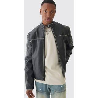 Mens Washed Seam PU Biker Jacket In Black