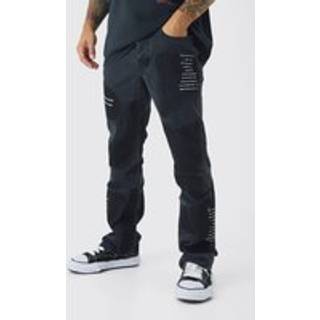 Mens Washed Black Rigid Slim Flare Patchwork Applique Jeans