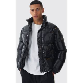 Mens High Shine Vinyl Funnel Neck Puffer In Black