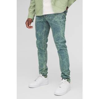 Mens Antique Blue Skinny Stretch Stacked Barbed Wire Laser Print Jeans