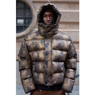Mens Oversized Boxy Washed Pu Hooded Puffer Coat In Brown