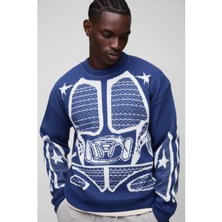 Mens Blue Oversized BM Boucle Knitted Polo Jumper
