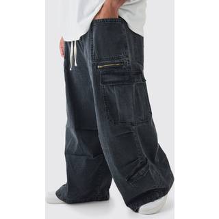 Mens Black Plus Elasticated Waist Acid Wash Parachute Cargo Jeans